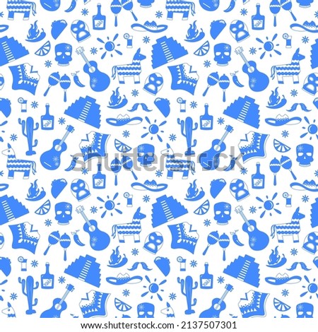 Seamless pattern on the theme of recreation in the country of Mexico, a blue silhouettes of icons on white background 