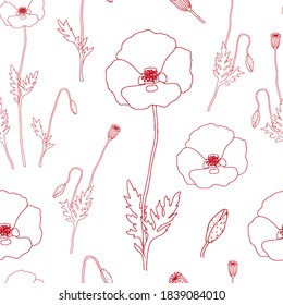 Seamless pattern on the theme of Remembrance Day on November 11. Decorated with a outline poppies, a symbol of the holidays.