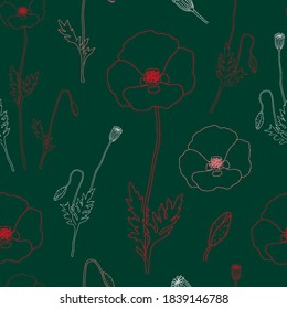 Seamless pattern on the theme of Remembrance Day on November 11. Decorated with a outline poppies, a symbol of the holidays.