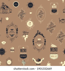 Seamless pattern on the theme of restaurant or cafe menu in vintage style. Elegant vector background with ornate frames, curlicues, fruits and inscriptions on a light brown backdrop