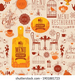 Seamless pattern on the theme of restaurant or cafe menu in retro style. Repeating vector background with curlicues, fruits, inscriptions and various design elements