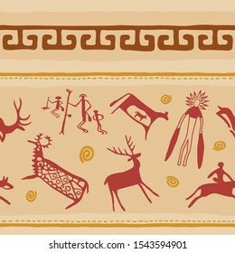 Seamless pattern on the theme of rock paintings of Central Asia, vector design