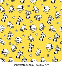 Seamless Pattern On The Theme Of Roller Derby And Roller Skating On Yellow Background