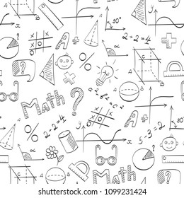 Seamless pattern on the theme of the school, of education and of the subject mathematics, the dark hand-drawn graphics, formulas, and icons on white background