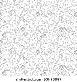 Seamless pattern on the theme of the school, a simple contour icons, dark outline on a light background