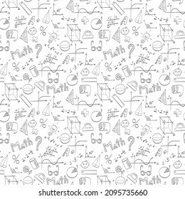 Seamless pattern on the theme of the school, of education and of the subject mathematics, the dark hand-drawn graphics, formulas, and icons on white background