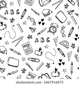 Seamless pattern on the theme of school. School supplies in doodle style on a white background. Black and white design. For printing on wallpaper, wrapping paper, fabric