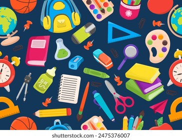 Seamless pattern on the theme of school in cartoon style. School objects, books, school supplies