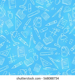 Seamless pattern on the theme of the school, a simple hand-drawn contour icons ,light contour on blue background