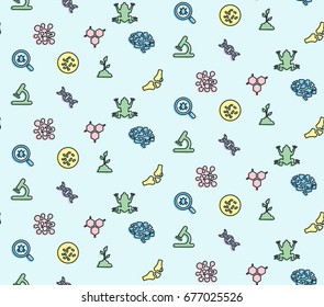 A seamless pattern on the theme of school and education. The subject of biology. Frog, formulas, flasks, microscope and other elements for the design of the background of the booklet, poster, leaflet.