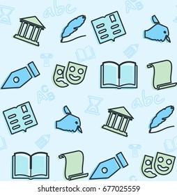 A seamless pattern on the theme of school and education. Subject literature. Masks, book, pen and other elements for the design of the background of the booklet, poster, leaflets.
