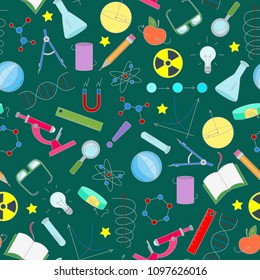 Seamless pattern on the theme of science and inventions, diagrams, charts, and equipment, simple icons on dark green background