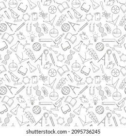 Seamless pattern on the theme of science and inventions, diagrams, charts, and equipment, simple contour icons on white background