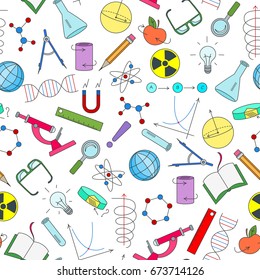 Seamless pattern on the theme of science and inventions, diagrams, charts, and equipment, simple icons on white background