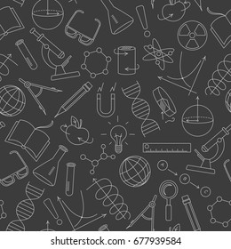 Seamless pattern on the theme of science and inventions, diagrams, charts, and equipment,light  simple contour icons on a dark  background