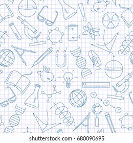 Seamless pattern on the theme of science and inventions, diagrams, charts, and equipment,a simple contour icons, dark blue outline on a light background in a cage