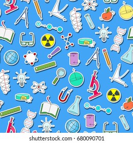 Seamless pattern on the theme of science and inventions, diagrams, charts, and equipment, simple sticker icons on blue background