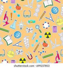 Seamless pattern on the theme of science and inventions, diagrams, charts, and equipment, simple patch icons on orange background