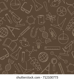 Seamless pattern on the theme of science and inventions, diagrams, charts, and equipment,beige  simple contour icons on a brown   background