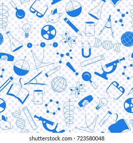 Seamless pattern on the theme of science and inventions, diagrams, charts, and equipment, a blue silhouettes of icons on the background of polka dots