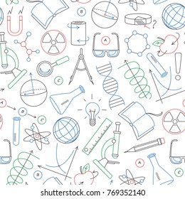Seamless pattern on the theme of science and inventions, diagrams, charts, and equipment, simple contour icons drawn with colored markers on white background