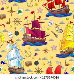 Seamless pattern on the theme of sea travel, sailboats and ship's tackle on a yellow  background