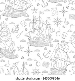 Seamless pattern on the theme of sea travel, sailboats and ship's tackle, dark contour on white background