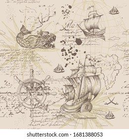 Seamless pattern on the theme of sea travel and adventure with an old sailboat, anchors, helm and sea monsters. Hand drawing.