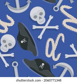 Seamless pattern on the theme of the sea and pirates with a captain's hat, skull, rope, anchor
