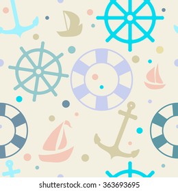 Seamless pattern on the theme of the sea. Steering wheel, boat, life preserver, anchor.