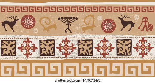 Seamless pattern on the theme of the Siberian shamanism. Ethnic background on the theme of Scythian and Turkic art. Patterns and petroglyphs, vector design