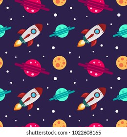 Seamless pattern on the theme of space. Cosmic objects set of various planets, rocket, stars and asteroids. Vector illustration on dark background.