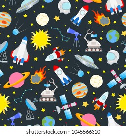 Seamless pattern on the theme of space and space travel color icons on dark background