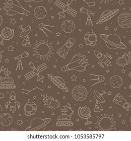 Seamless pattern on the theme of space and space flight, beige outline on a brown background