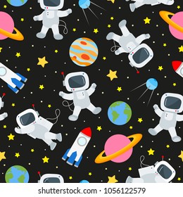 Seamless pattern on the theme of space and space travel , color icons on dark background