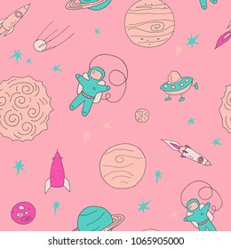 Seamless pattern on the theme of space and Solar System. Astronaut in open cosmos, space ships and a set of various planets, stars and the Sun. Vector illustration on pink background.