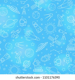 Seamless pattern on the theme of space and space flight, the white contour icons on blue  background