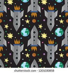 Seamless pattern on the theme of space. Astronaut in open cosmos, space ships and a set of various planets, stars and asteroids. Vector illustration on dark background.
