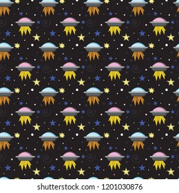 Seamless pattern on the theme of space. Astronaut in open cosmos, space ships and a set of various planets, stars and asteroids. Vector illustration on dark background.