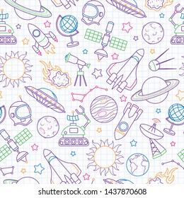 Seamless pattern on the theme of space and space flight, icons drawn with colored marker on the clean writing-book sheet in a cage