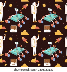 Seamless pattern on the theme of space. Astronaut with rover, stars and the Martian surface. Kids pattern for bedding, fabric, for use as a print on clothes, wrapping paper and other designs for kids.