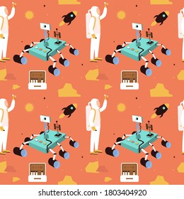 Seamless pattern on the theme of space. Astronaut with rover, stars and the Martian surface. Kids pattern for bedding, fabric, for use as a print on clothes, wrapping paper and other designs for kids.