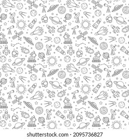 Seamless pattern on the theme of space and space flight, the dark contour icons on white background