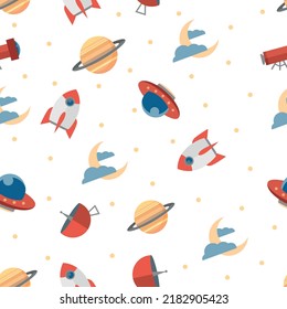 Seamless pattern on the theme of space. Moon, rocket, telescope, planet.