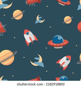 Seamless pattern on the theme of space. Moon, rocket, telescope, planet.