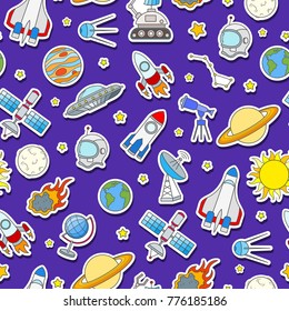 Seamless Pattern On The Theme Of Space And Space Travel Color Sticker Icons On Blue Background