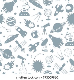 Seamless pattern on the theme of space and space travel , grey silhouettes icons on a white  background 