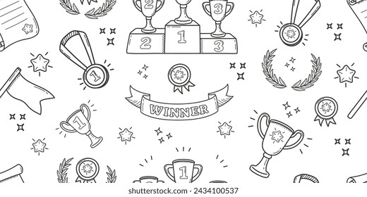 Patrón sin fisuras en el tema de los deportes en estilo doodle. Fondo de dibujos animados con copas y medallas ganadoras.