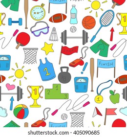 Seamless pattern on a theme sports and physical development , simple color icons on white background