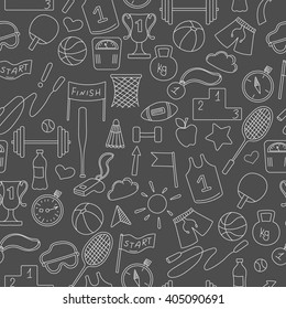 Seamless pattern on a theme sports and exercise, a bright outline on a dark background